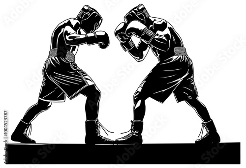 Silhouette of two boxers fighting in a boxing ring, isolated 