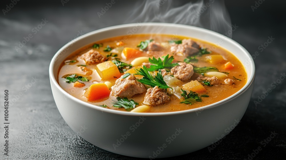 Warm and Hearty Vegetable Soup in White Bowl Warm and Hearty Vegetable Soup in White Bowl