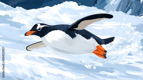 A penguin slides on its belly across the ice, using its flippers for momentum, animal illustration photo