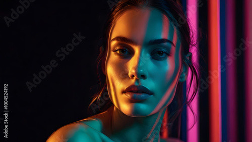 Glamorous brunette woman with long, flowing hair, striking eyes, and bold red lips poses for a fashion studio portrait
