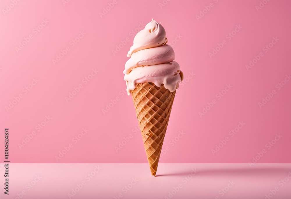Melted ice cream spilling from a wafer cone on a light pink background, perfect for dessert and summer-themed visuals Melted ice cream spilling from a wafer cone on a light pink background, perfect for dessert and summer-themed visuals