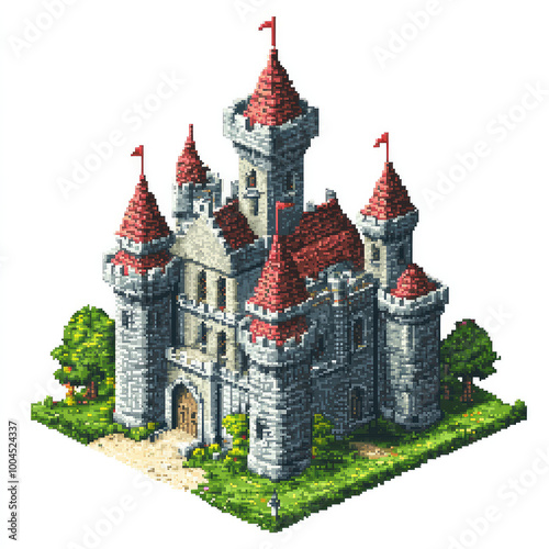 Pixel art medieval castle with red roofs isolated on a white background