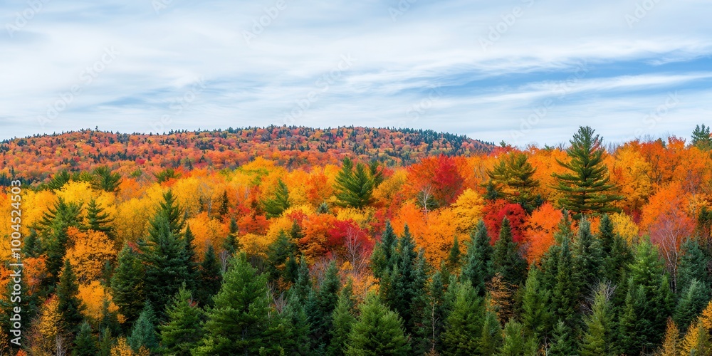 Fototapeta premium A vibrant autumn landscape featuring a mix of colorful trees, showcasing shades of orange, yellow, and green against a serene sky.