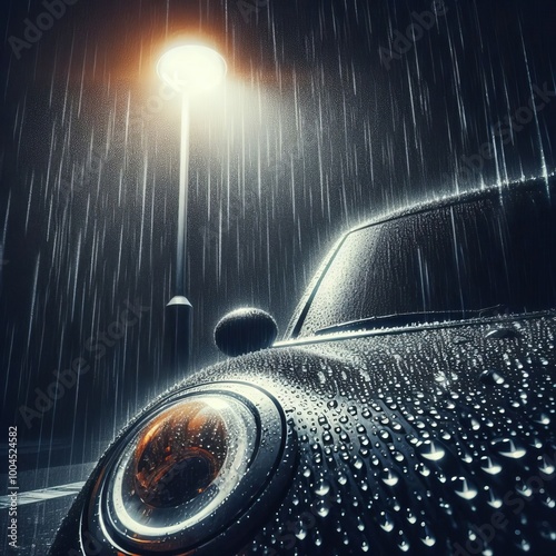 Raindrops on Car Roof Under Street Lamp Water droplets beading u