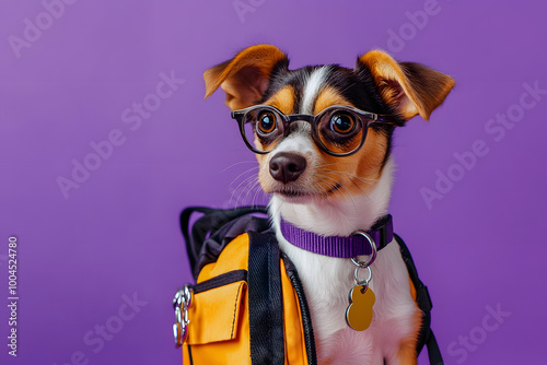 Cute dog with backpack on purple background. Back to school.