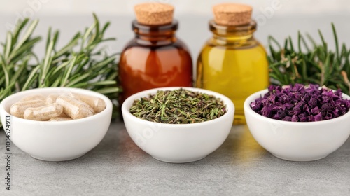 Natural Herbs and Oils with Supplements on Grey Background