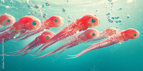 School of squid in an arrow formation swimming through open ocean, animal illustration photo