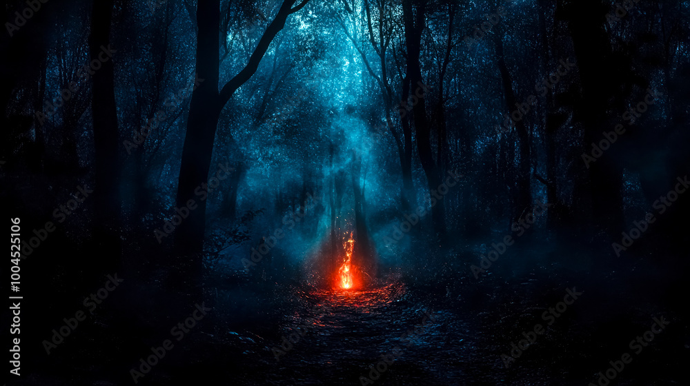 Fire burning on a path in a dark and foggy forest