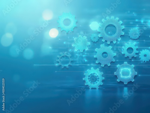 Floating geometric gears, glowing edges, abstract blue background, minimalistic, hightech, futuristic vector style