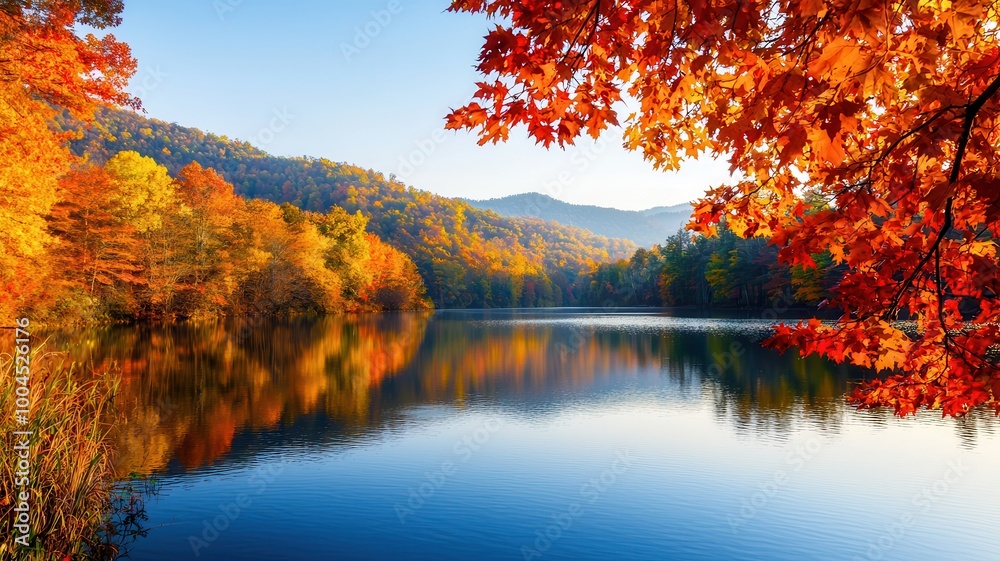 Obraz premium A serene autumn landscape featuring colorful trees reflecting on a calm lake under a clear blue sky.