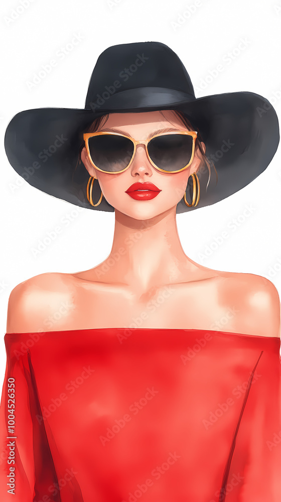A woman wearing a black hat and sunglasses is standing in front of a white background. The woman is wearing a red top and has red lips. Scene is stylish and fashionable A woman wearing a black hat and sunglasses is standing in front of a white background. The woman is wearing a red top and has red lips. Scene is stylish and fashionable