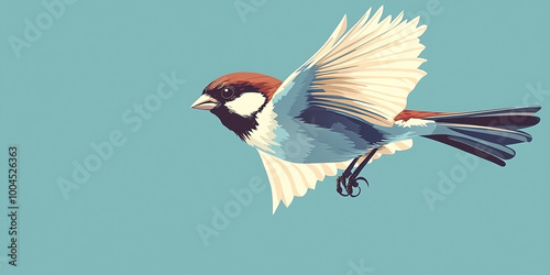 Sparrow in flight with wings blurred from rapid movement, animal illustration photo