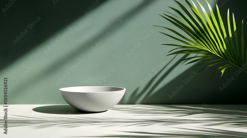Smooth Ceramic Bowl on Green Background with Shadows Smooth Ceramic Bowl on Green Background with Shadows