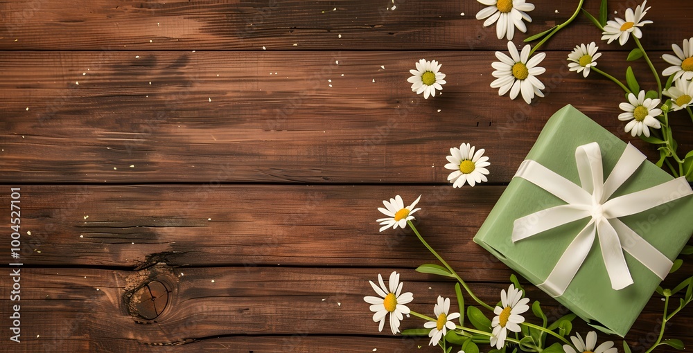 Fototapeta premium Wooden Background with Daisies and Gift Box