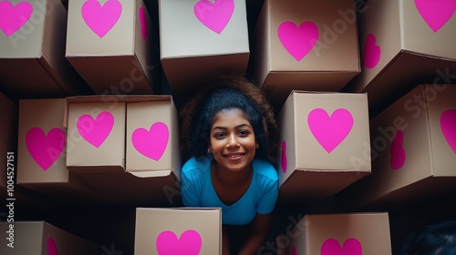 A smiling volunteer surrounded by cardboard boxes with pink heart symbols, engaged in sorting donation items in a minimalistic setting photo