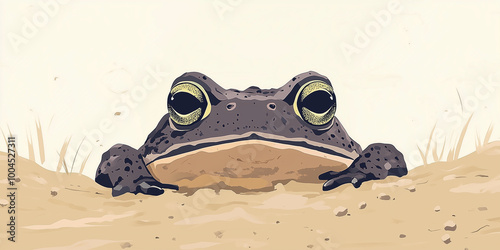 Toad burrowed in sand with eyes protruding, animal illustration photo