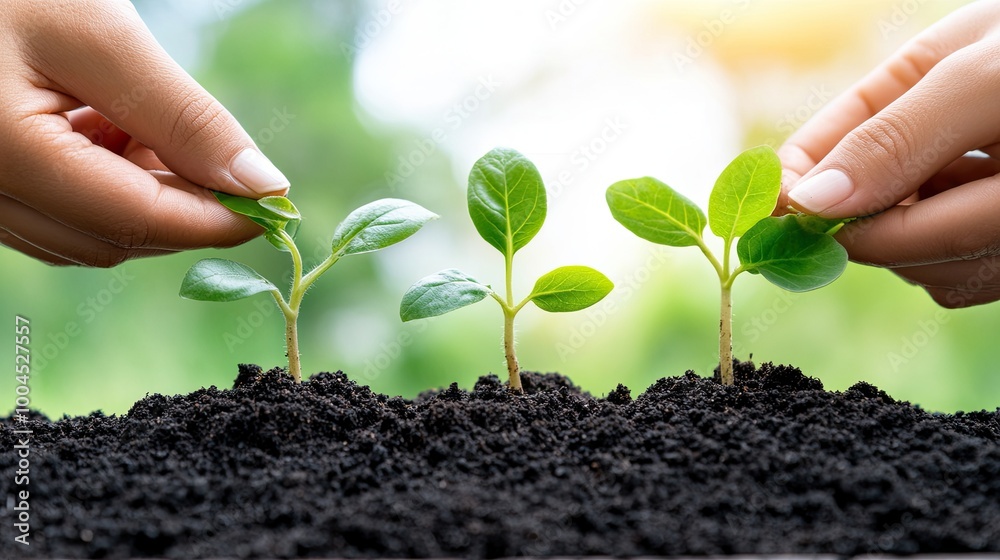 A woman carefully plants seedlings into rich soil at a greenhouse, focusing on growing healthy vegetables for agricultural production and commercial success A woman carefully plants seedlings into rich soil at a greenhouse, focusing on growing healthy vegetables for agricultural production and commercial success
