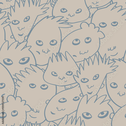 Seamless background with funny faces of anthropomorphic creatures. Humorous characters with different emotions
