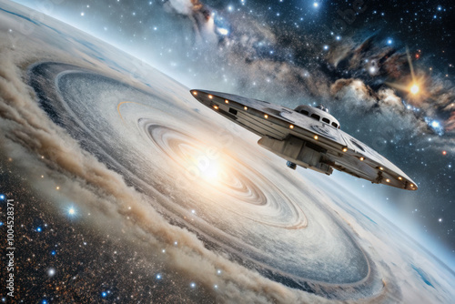 A sleek spacecraft glides gracefully through swirling cosmic clouds toward a radiant galaxy in a distant universe. Generative AI