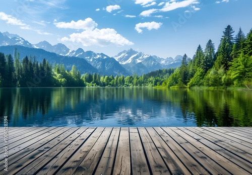 Wooden Deck Overlooking Mountain Lake