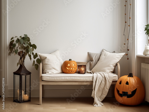 Scandinavian scandi modern minimalist cozy living room interior with fall and halloween decor
 photo