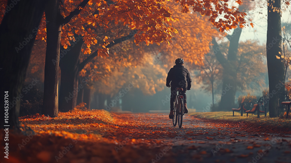 A person riding a bicycle through an autumn park. A person riding a bicycle through an autumn park.