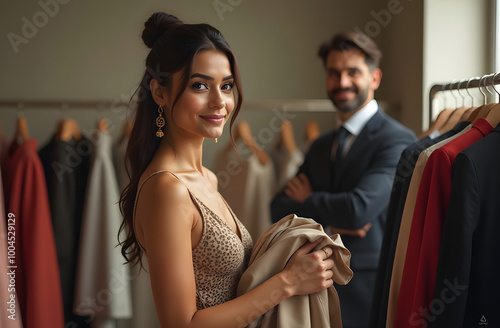 A stylish Indian woman poses with accessories and clothing in a trendy showroom. The background features racks of fashionable garments photo