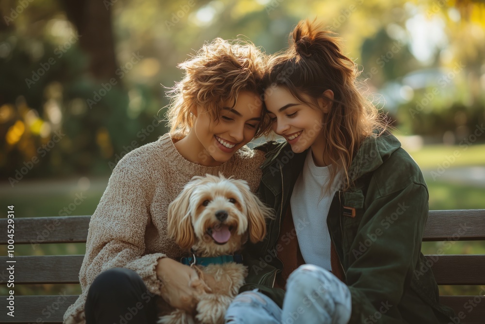 A joyful LGBTQ couple sitting on a park bench with a small dog, smiling and enjoying each other's company. A joyful LGBTQ couple sitting on a park bench with a small dog, smiling and enjoying each other's company.