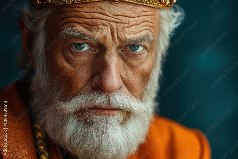 Angry old man with a white beard dressed as a king sitting in a regal setting Angry old man with a white beard dressed as a king sitting in a regal setting