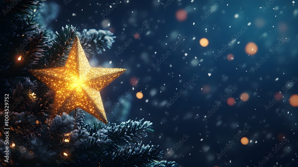 A 3D glowing Christmas star atop a tree with snowflakes falling in the background A 3D glowing Christmas star atop a tree with snowflakes falling in the background