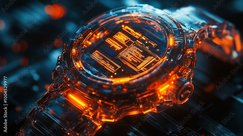 A futuristic, transparent wristwatch with an orange glow and digital display. A futuristic, transparent wristwatch with an orange glow and digital display.
