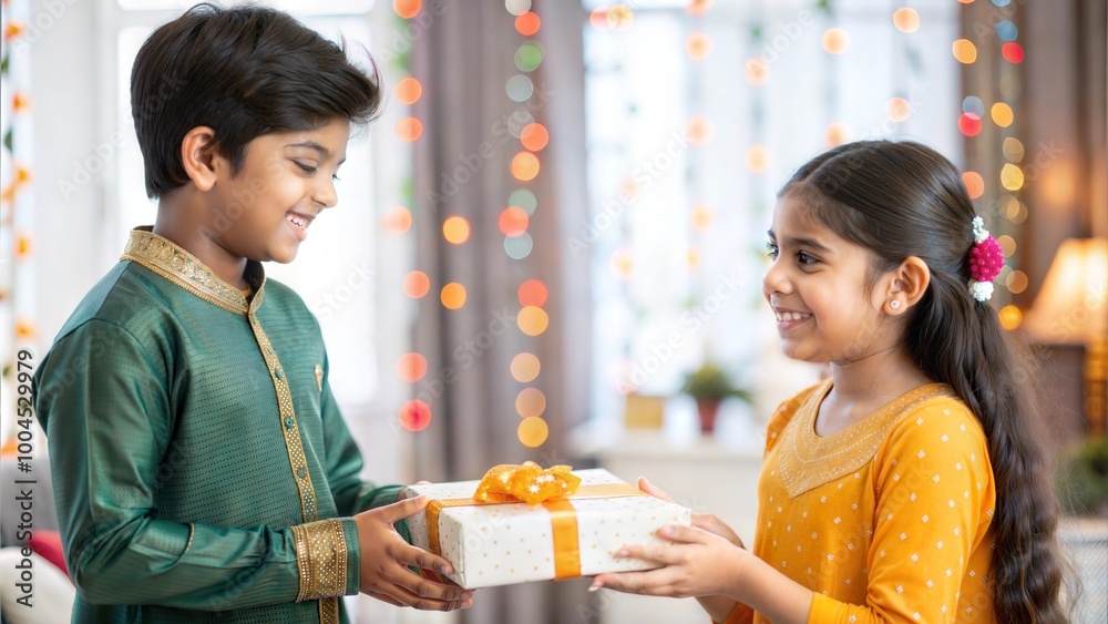 Joyful Indian Brother and Sister Exchanging Gift Boxes During Raksha Bandhan Festival
Joyful Indian Brother and Sister Exchanging Gift Boxes During Raksha Bandhan Festival
