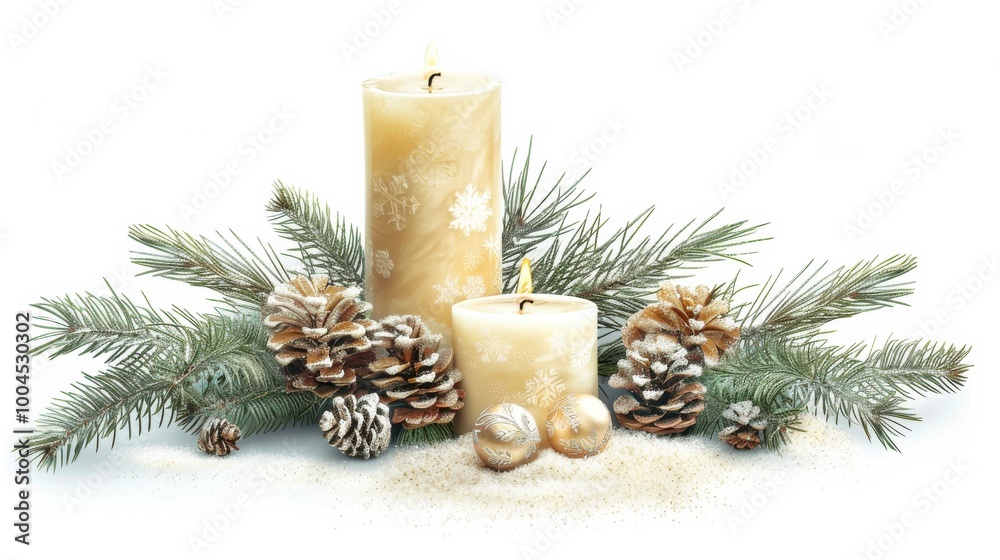 Festive candle arrangement with pine branches and decorative elements for a cozy winter holiday atmosphere Festive candle arrangement with pine branches and decorative elements for a cozy winter holiday atmosphere