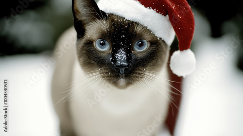 A Siamese cat playfully wearing a Santa hat poses in a delightful snowy setting, exuding holiday cheer and festive charm with piercing blue eyes. photo