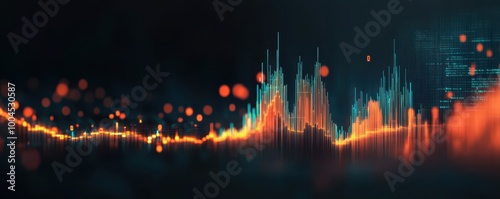 Glowing data trends with a dark background, representing cryptocurrency market analysis, copy space