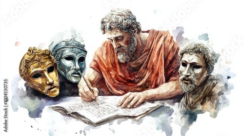 A philosopher writes in ancient Greece surrounded by theatrical masks representing drama and history