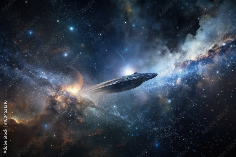 A serene journey through the cosmos with a mysterious spacecraft among stars and swirling galaxies in deep space. Generative AI A serene journey through the cosmos with a mysterious spacecraft among stars and swirling galaxies in deep space. Generative AI