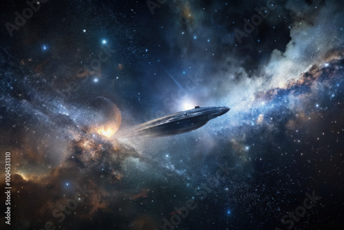 A serene journey through the cosmos with a mysterious spacecraft among stars and swirling galaxies in deep space. Generative AI