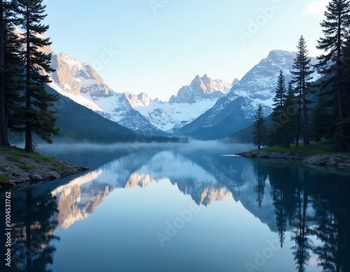 A calm, crystal-clear lake reflecting towering snow-covered mountains in the distance. The scene is framed by tall pine trees, with a mirror-like reflection on the water's surface.