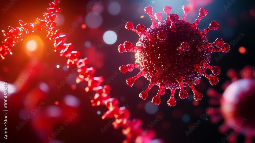 A virus hijacking a healthy cell, inserting its DNA, with a detailed close-up of the cellular process A virus hijacking a healthy cell, inserting its DNA, with a detailed close-up of the cellular process