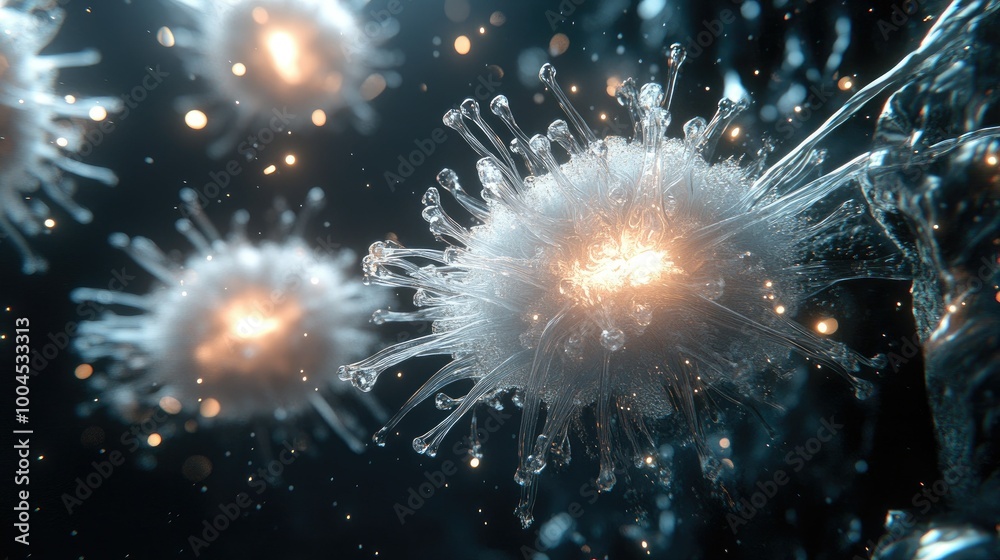 Fototapeta premium A microscopic view of a virus with glowing particles.