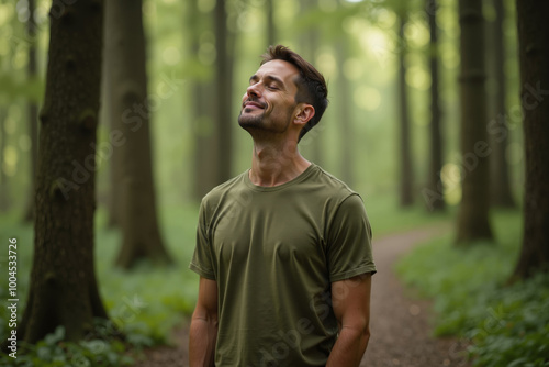 person standing looking up and enjoy the nature sense at the jungle, generative AI