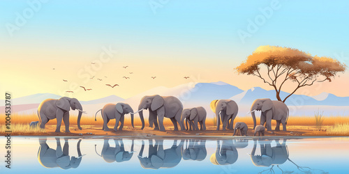 Elephants gather around a watering hole in the savanna, showcasing social bonds, animal illustration photo