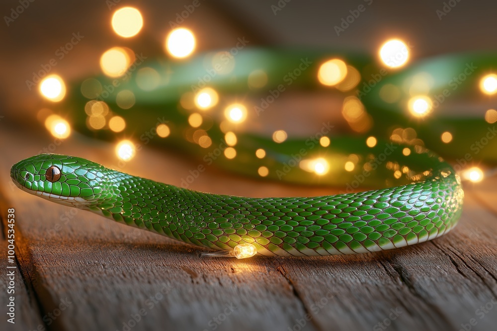 Obraz premium A green snake elegantly flowing through wooden textures, adorned with glowing Christmas lights, creating a festive and abstract background