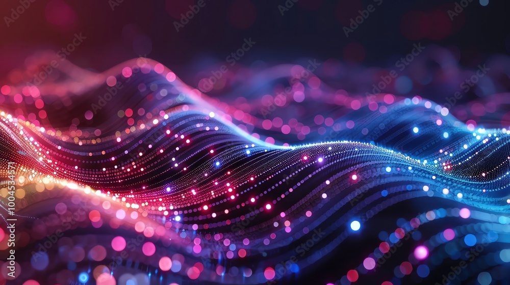Vibrant wave patterns with colorful lights create a mesmerizing visual experience, perfect for digital art and technology themes.