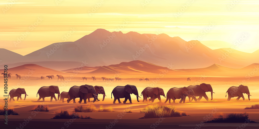 Herd of elephants crossing a dusty plain with mountains in the background, animal illustration Herd of elephants crossing a dusty plain with mountains in the background, animal illustration