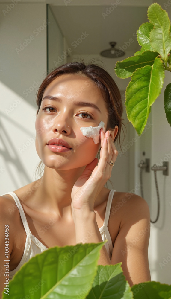 Beautiful woman applying facial cream with a serene expression in a sunlit bathroom
Beautiful woman applying facial cream with a serene expression in a sunlit bathroom