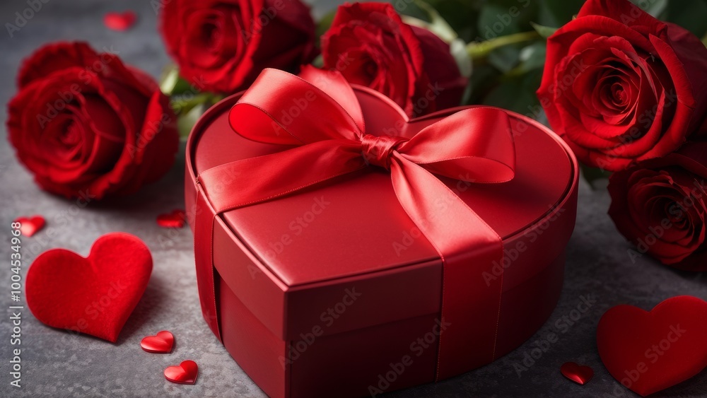 A gift box in the shape of a heart, red roses. Valentine's Day background, with space for text. A gift box in the shape of a heart, red roses. Valentine's Day background, with space for text.