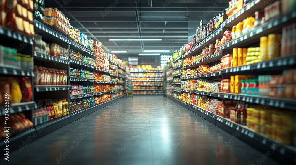 Brightly lit aisle, diverse snacks and beverages, extensive product range, no people. Brightly lit aisle, diverse snacks and beverages, extensive product range, no people.