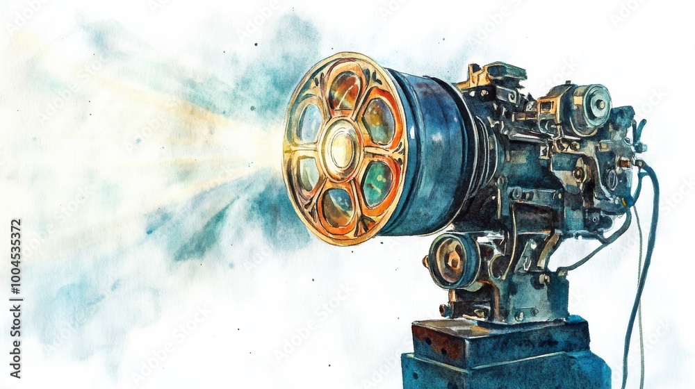 Fototapeta premium An antique film projector illuminating a misty room in a vintage cinema setting, showcasing the magic of classic filmmaking